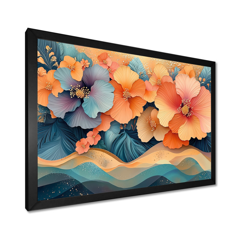 Hibisuc tropical dans une symphonie côtière I - Hibiscus, art mural, H 12 po x l 20 po, Avec cadre, Noir