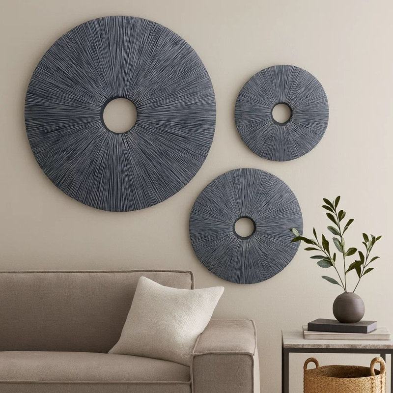 Ribbed Round Sandstone Wall Decor with Cut Out at Centre, Large, Gray, 30" H x 30" W x 1" D