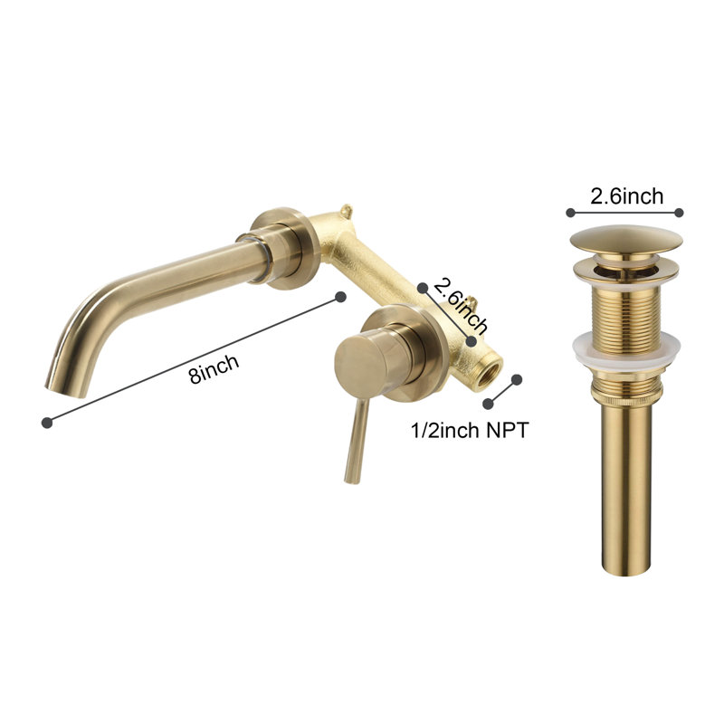 Wall Mounted Single-handle Bathroom Faucet with Drain Assembly, Brushed Gold
