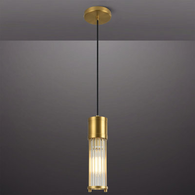 Mini-luminaire suspendu cylindrique 1 lumière avec abat-jour en verre nervuré transparent