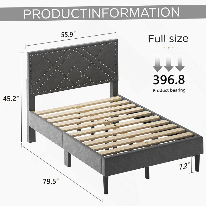 Base de lit double, tête de lit avec rangement, plateforme en métal, sans bruit, lattes en métal, sans sommier, Double
