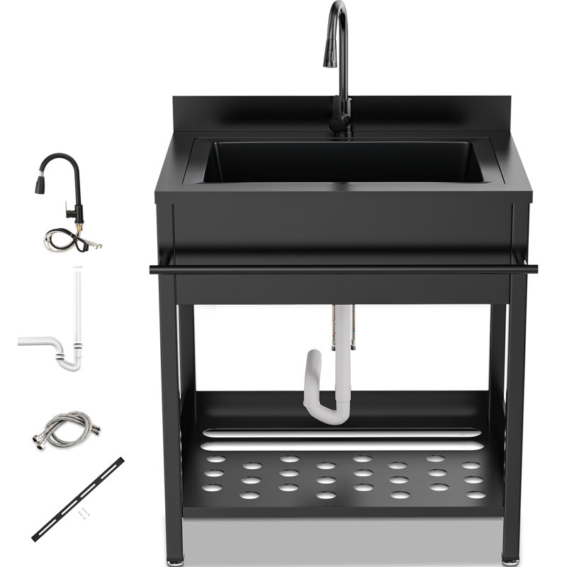 30.71 Inch Freestanding Utility Laundry Sink, Powder‑Coated Black 304 Stainless Steel Sink with Pull‑Out Hot & Cold Faucet, Heavy‑Duty Basin for Laundry Room, Garage, Workshop and Kitchen
