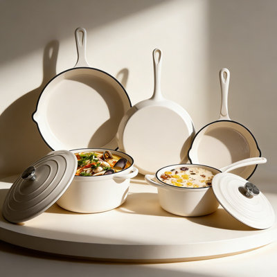Batterie de cuisine en fonte émaillée, casseroles et poêles 5 pièces avec couvercles, comprenant une cocotte, une casserole et des poêles pour un chauffage uniforme, compatible avec les cuisinières