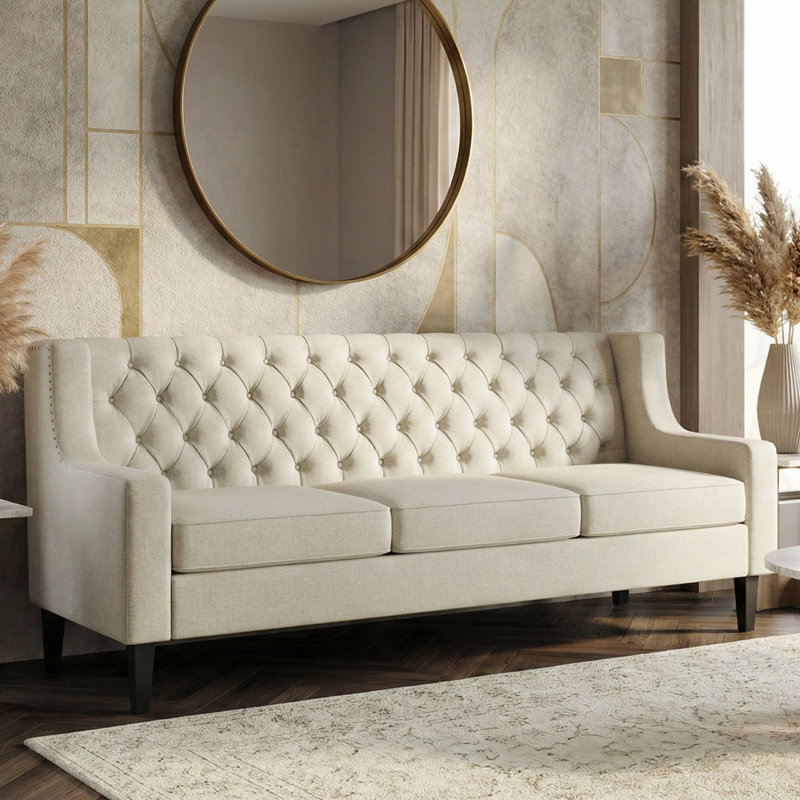 Canapé Chesterfield de 78,75 po avec dossier capitonné et pieds en bouleau, Fabirc, Beige