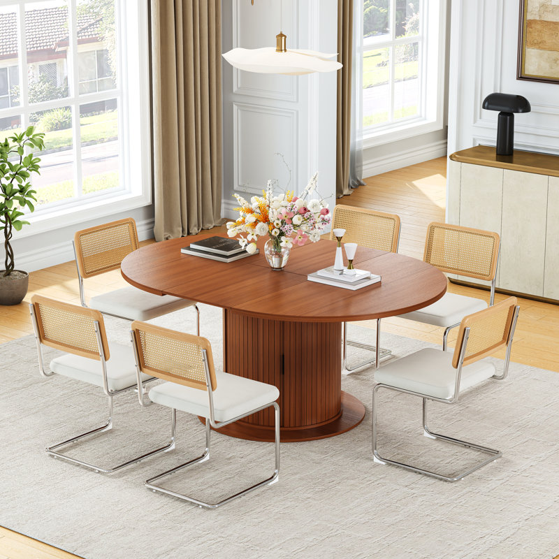 47-63" Extendable Dining Set, Rattan Velvet Cantilever Chairs, Round To Oval Table With Storage Pedestal & Sliding Doors, 2 Leaves