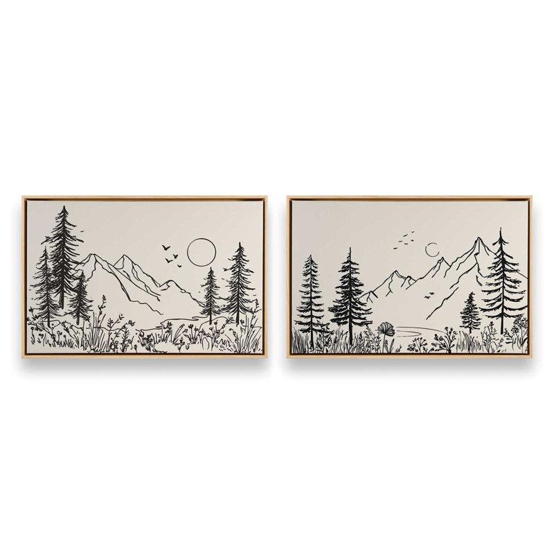 Whispers of Pines v2, ensemble de 2 impressions, Cadre flottant en érable américain, 30 po x 20 po