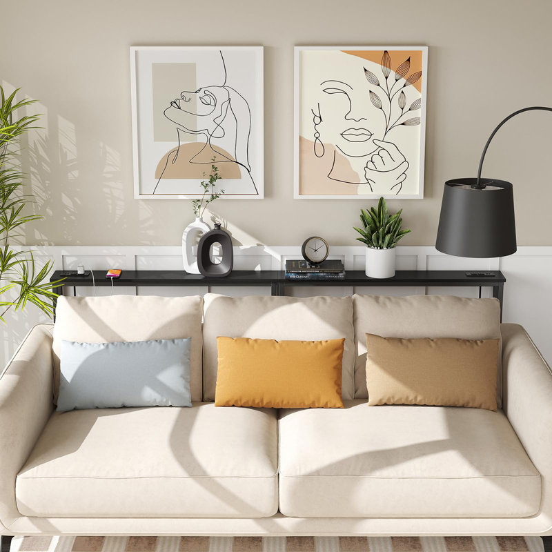 Narrow Console Sofa Table with Outlet, Black, Black