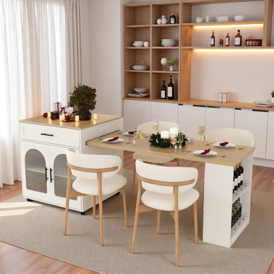 Expandable Kitchen Island With Dining Table, Power Outlet, 2 Drawers, Open Shelves And Movable Wheels