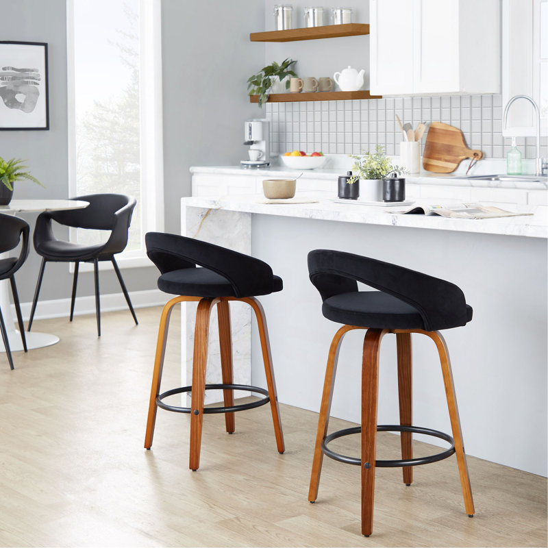 Tabouret de comptoir à hauteur fixe avec pivot en bois de noyer et velours avec repose-pieds rond en métal noir - ensemble de 2