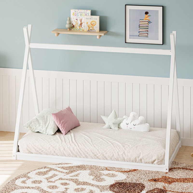 Lit simple au sol avec structure en pin robuste Twinnix Montessori, Blanc