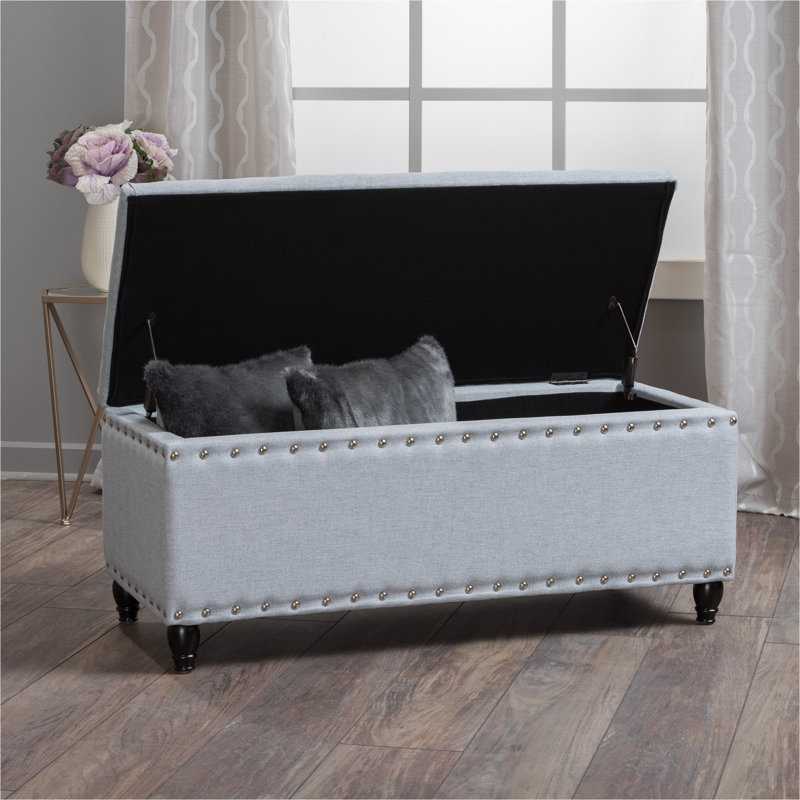 Ridder Storage Ottoman, Bench with Nailhead Accents, Light Gray