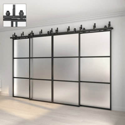 JUBEST Bypass Frosted Glass Barn Door 144 in. x 84 in. with 24FT Hardware Kit and Soft Close