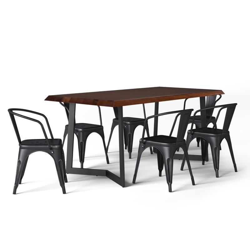 Ensemble repas industriel rustique 7 pièces avec table en bois de manguier massif et 6 chaises rembourrées Larkin