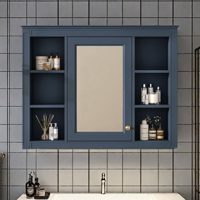 Armoire à pharmacie de 35 po x 27,5 po, armoire de rangement murale pour salle de bain, armoire de salle de bain moderne avec miroir, armoire à miroir avec 6 tablettes ouvertes