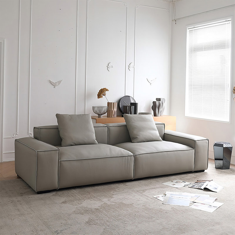 Gray Genuine Leather Modular Sofa cushion couch, 27.56" H x 102.36" W x 39.37" D