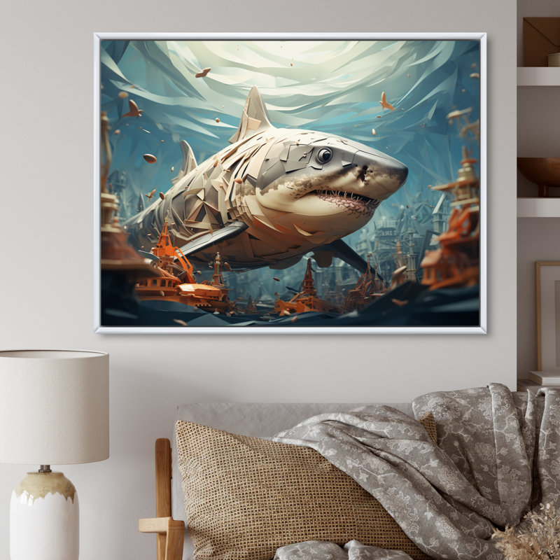 " Shark Coastal Guardian ", White Floater Framed, 34" H x 44" W x 1.5" D