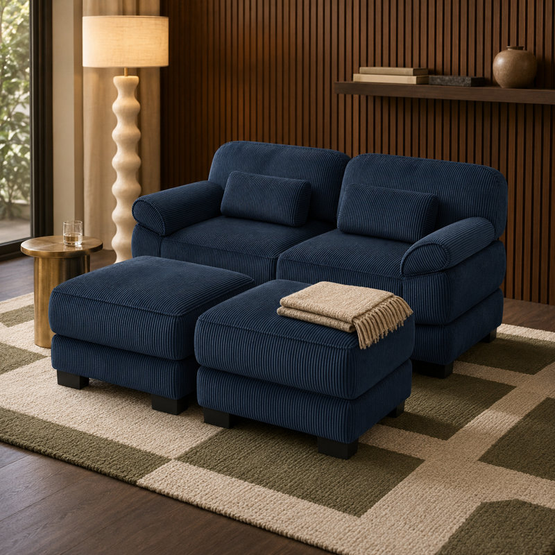 Canapé modulaire réversible en velours côtelé avec repose-pieds et dossier réglable de 76,4 po Lunvella, Blue