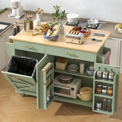 Îlot de cuisine roulant avec prise de courant et abattant, chariot d'îlot de cuisine mobile avec rangement pour poubelle inclinable, support à épices et porte-serviettes et tablette réglable