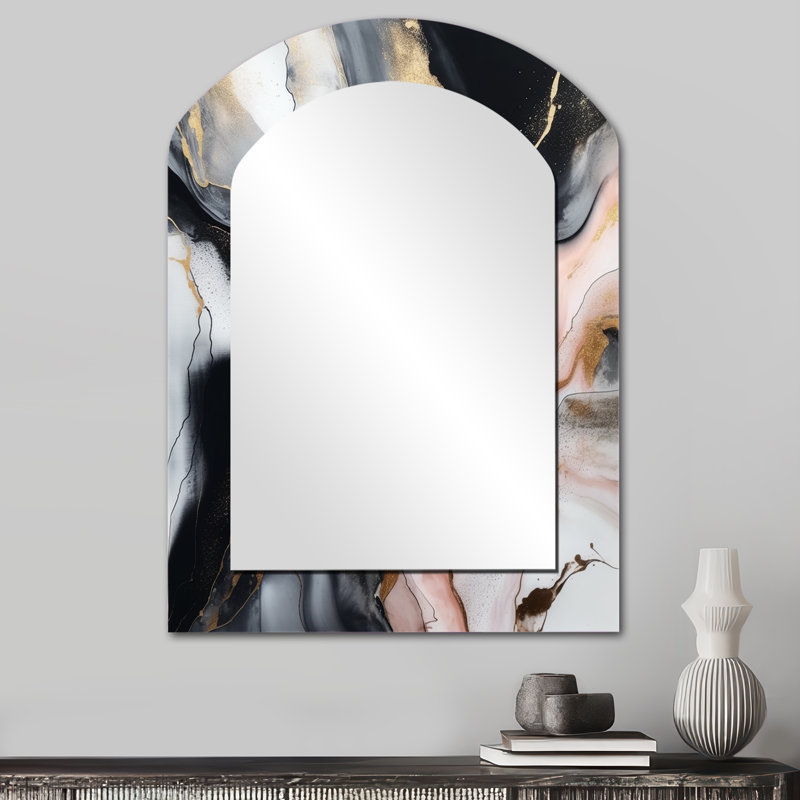 Noir or texturé éclaboussure de marbre - grand miroir arche de marbre, décor de miroir mural asymétrique moderne, impression d'art en métal