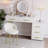 Velvet Upholstered Vanity Desk (Makeup Vanity) With Vanity Chair, Makeup Vanity  With 5 Big Drawers, Makeup Table With Padded Chair, Marble-Look Sticker Top Dressing Table (Makeup Vanity) With Left/Right Adjustable Storage, Beige-1435085572