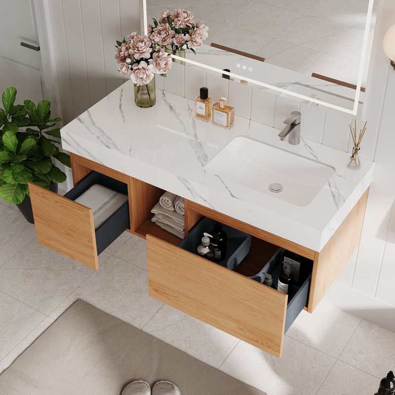 Meuble-lavabo simple 48 po Loubertha, plateau de table en faux marbre brillant, meubles-lavabos flottants modernes, Blanc