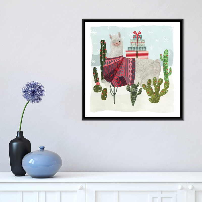 «Holiday Llama IV» par Victoria Borges, impression, H 18 po x l 18 po x P 1,5 po, Toile avec cadre noir