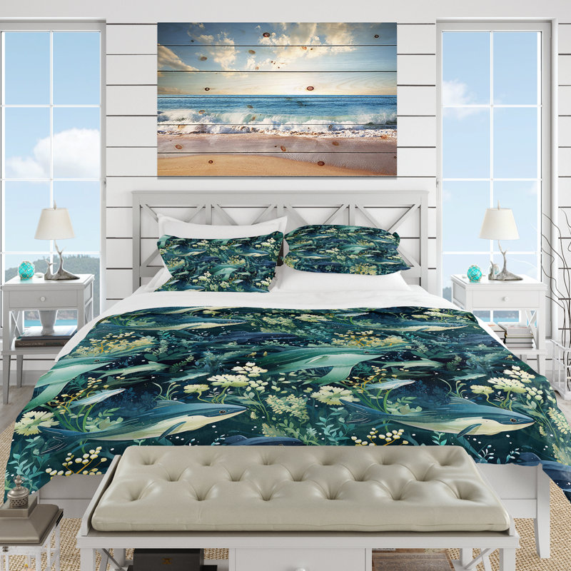 Ensemble de housse de couette Oceanic Whale Coastal Pattern, Housse de couette simple + 1 taie décorative stan