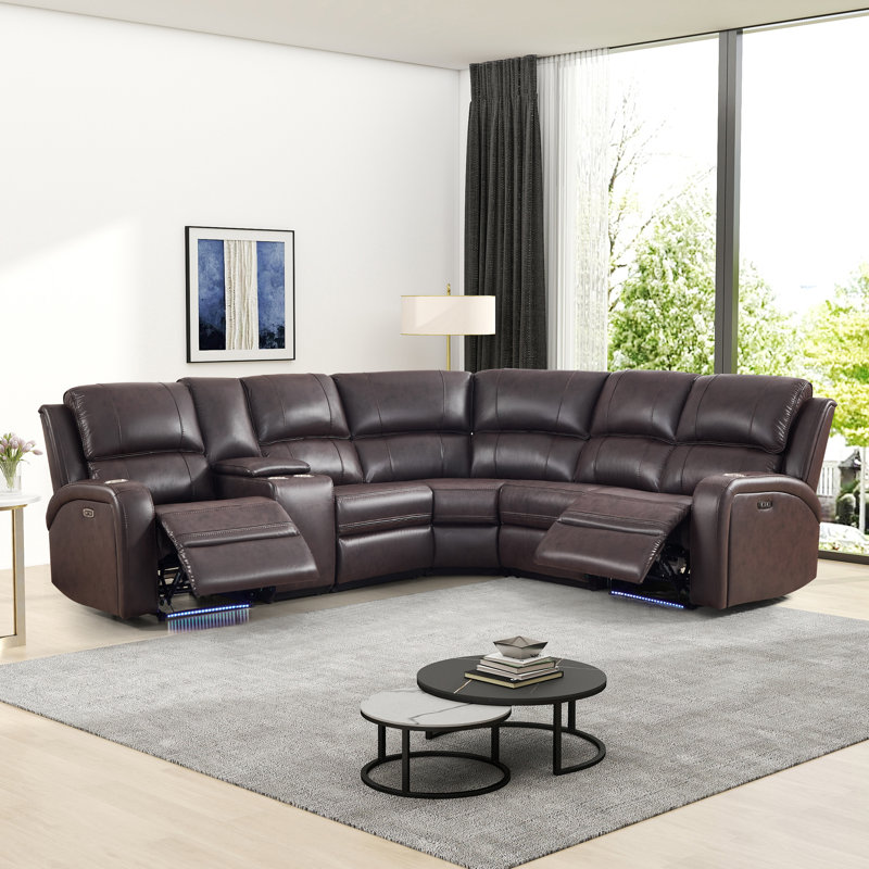 7-Piece Breathable Leather Power Reclining Sectional, Home Theater Couch With Storage, Cup Holder & LED, Brown Faux Leather