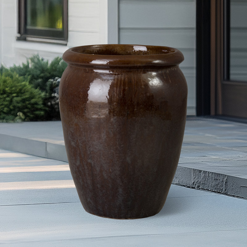 Pot de fleurs rond en céramique avec trou de drainage, H 26,5 po x l 20,5 po x P 20,5 po, Olive panachée