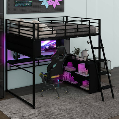 Aryela Metal Loft Bed With LED, Desk