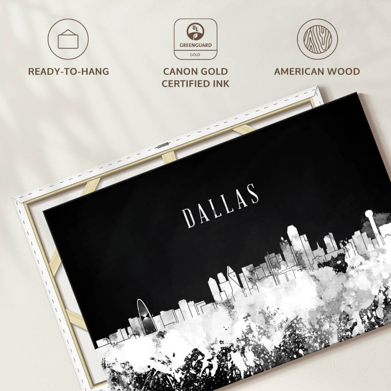 Impression sur toile Dallas Skyline BW, H 20 po x l 30 po x P 1,25 po