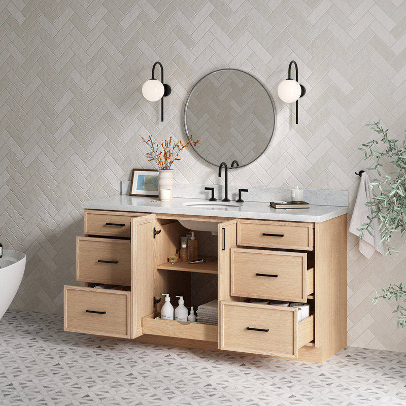 ARIEL Kelly 49 Single Sink Bathroom Vanity with Italian Carrara Marble Top, Oval, Oak, 55"