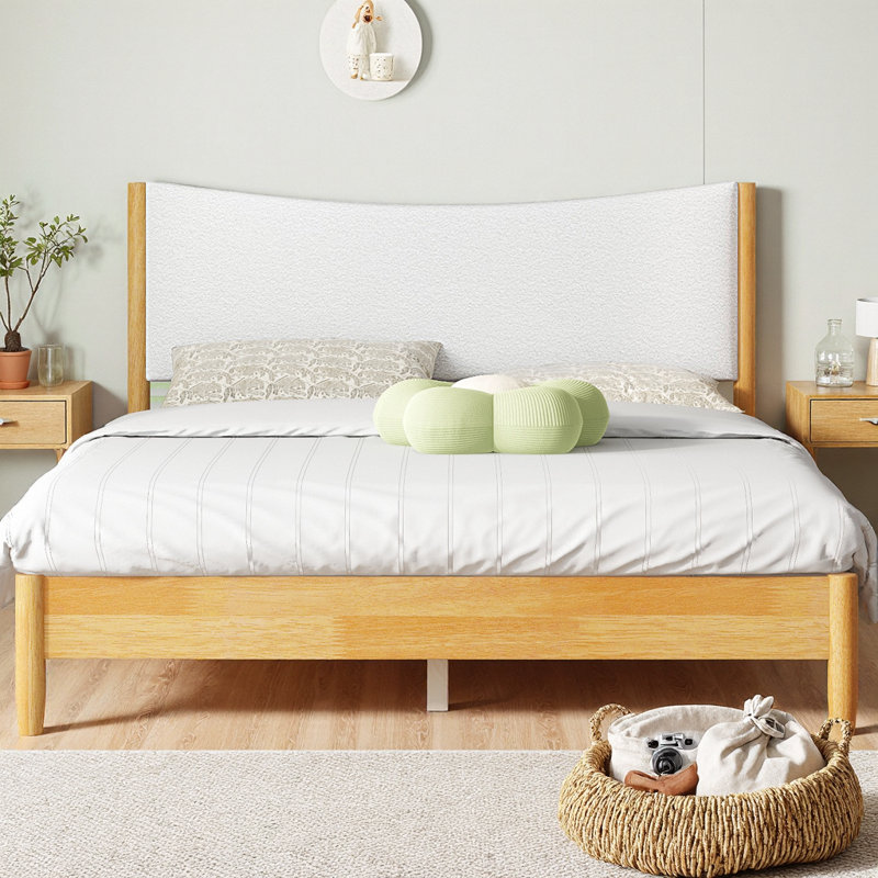 Grand lit en bois d'hévéa massif avec tête de lit tapissier Boucle, cadre de lit plateforme de style américain avec pieds de soutien améliorés et rangement sous le lit