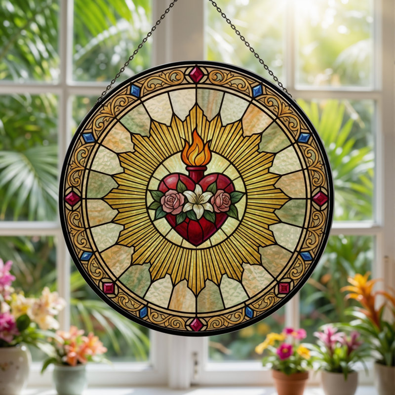 Panneau de vitrail Sacred Heart - 7,8H, H 7,8 po