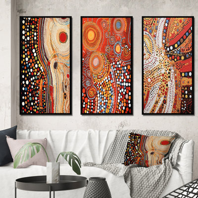 Aboriginal Circular Dot Amber Compositions IV - Transitional Art Set Of 3 Pieces