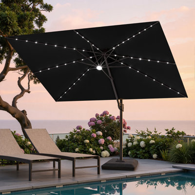 12' X 9' Rectangular Patio Cantilever Solar Led Light Umbrella With Weighted Base