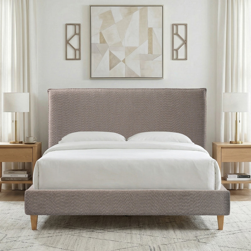Vireo Pearl Upholstered Bed Frame With Modern Boucle Headboard, Queen Size, Minimalist Bed Frame, Platform Bed, No Box Spring Required, Bed Frame Wood Slats, 70.5" X 87.25" X 46.5"