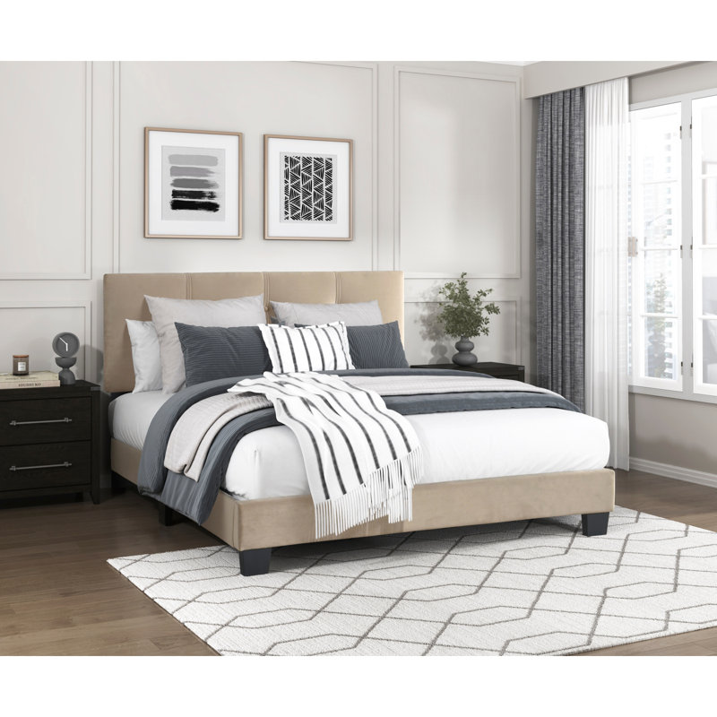 Mobilier de chambre en bois massif capitonné, Lit double, Brun