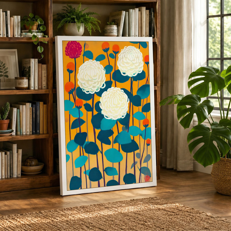 White Blooms And Teal Botanical - Print, 30x20 - 76.2 x 50.8 cm, Cream Border