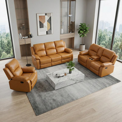 PLATO Eco-Leather 8 Piece Manual Reclining Living Room Sofa Set