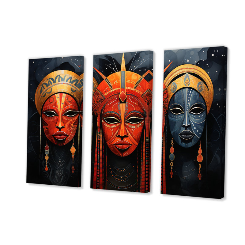 «Red African Masks II» sur toile, reproduction de 3 pièces, H 40 po x l 60 po x P 1 po
