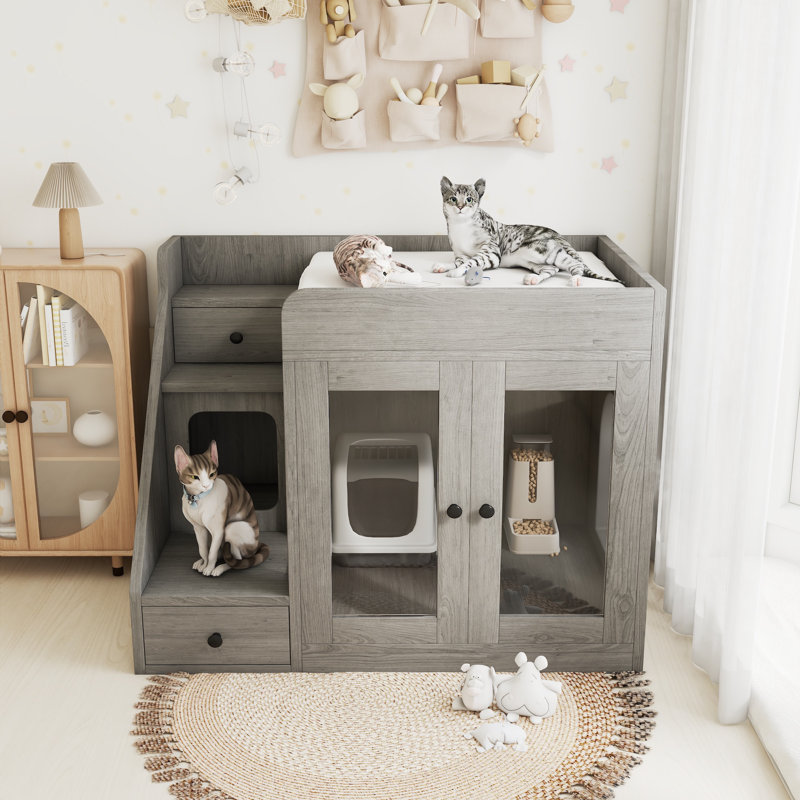 Maison d'intérieur pour chat avec lumière et 2 tiroirs de rangement, Gris