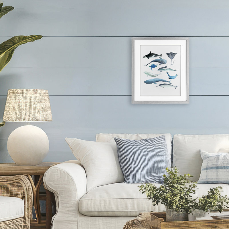 «Underwater Creatures in Blues», reproduction sous verre encadrée, design par Evelyn Coleman, H 16 po x l 13 po