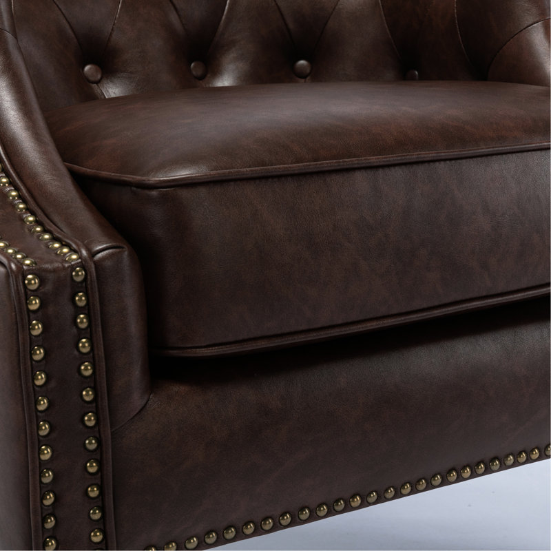 Chaise en similicuir brun, design pour l'élégance, sièges confortables, siège à boutons en bois, revêtement, style classique, fauteuil, structure solide