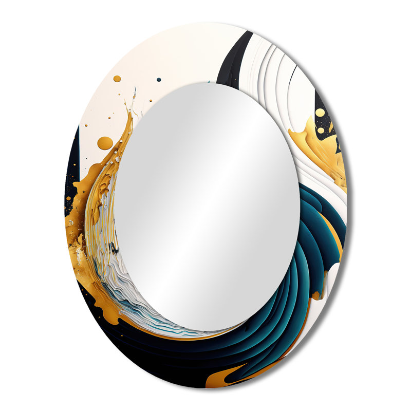 Art abstrait bleu et or moderne, peinture VI - miroir ovale bleu, 43 po x 33 po