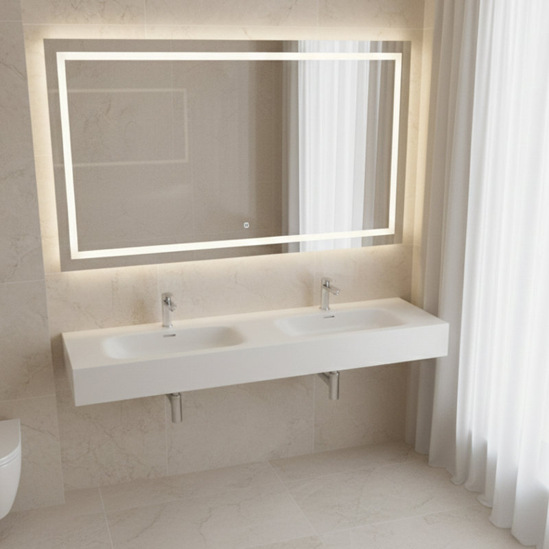 Lavabo de salle de bain double mural en pierre à surface solide rectangulaire CASAINC