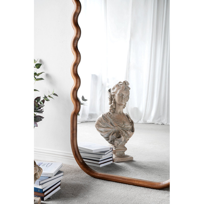 31.4X1.4X74" Oversized Wooden Floor Mirror With Unique Brown Frame