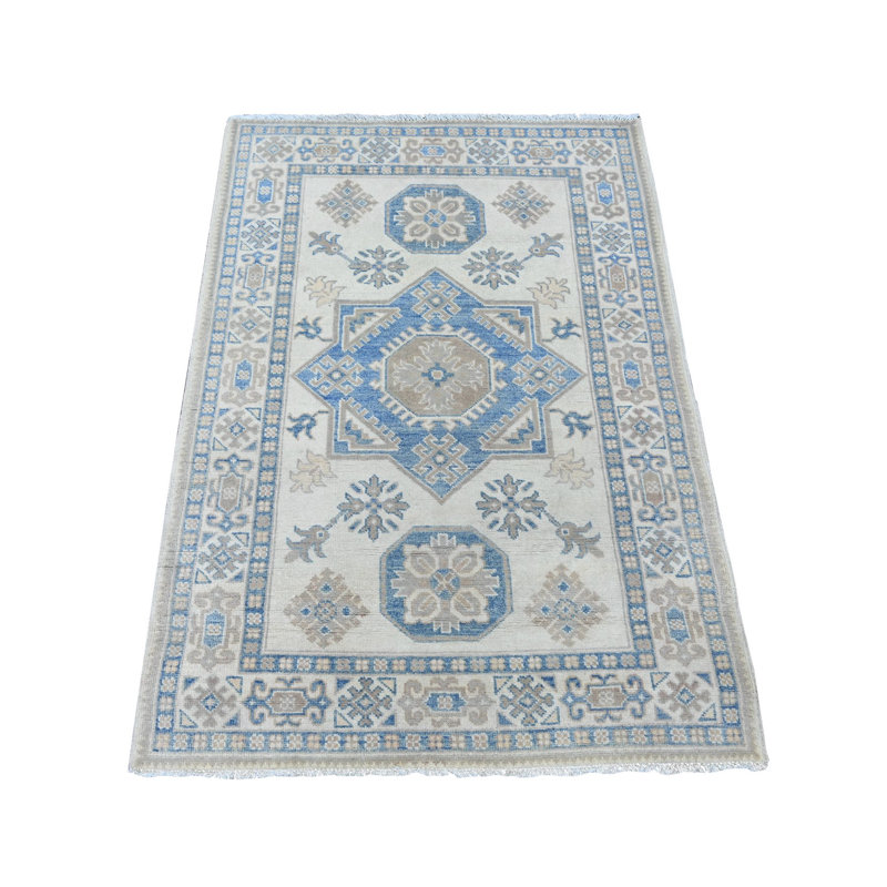 Tapis oriental blanc perle 3 pi 3 po x 4 pi 7 po au look rétro avec motif médaillon étoile, 100% laine noué à la main, teintures naturelles, tapis oriental