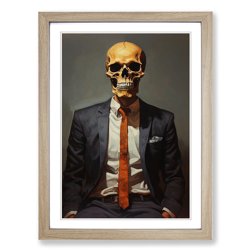 Skeleton in a Suit Painting - Framed Print, Oak Framed, 34cm H x 25cm W x 2cm D