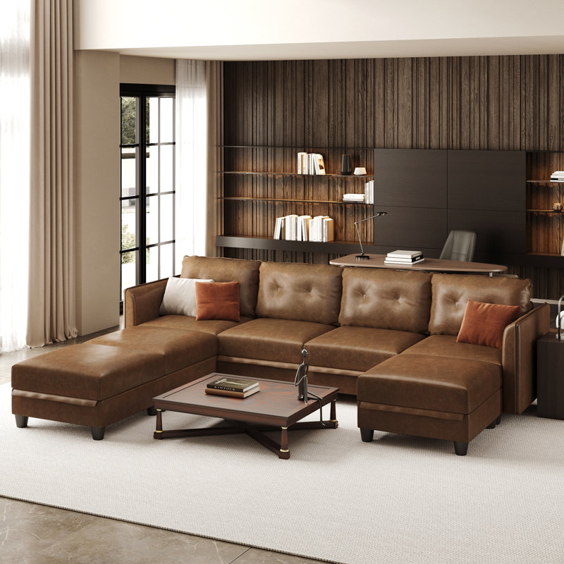 Modular Sectional Sofa With Storage, Modern Brown Faux Leather, Reversible Chaise, U Shaped Couch For Living Room, Waterproof & Easy Clean, 4 Seats With 3 Ottomans